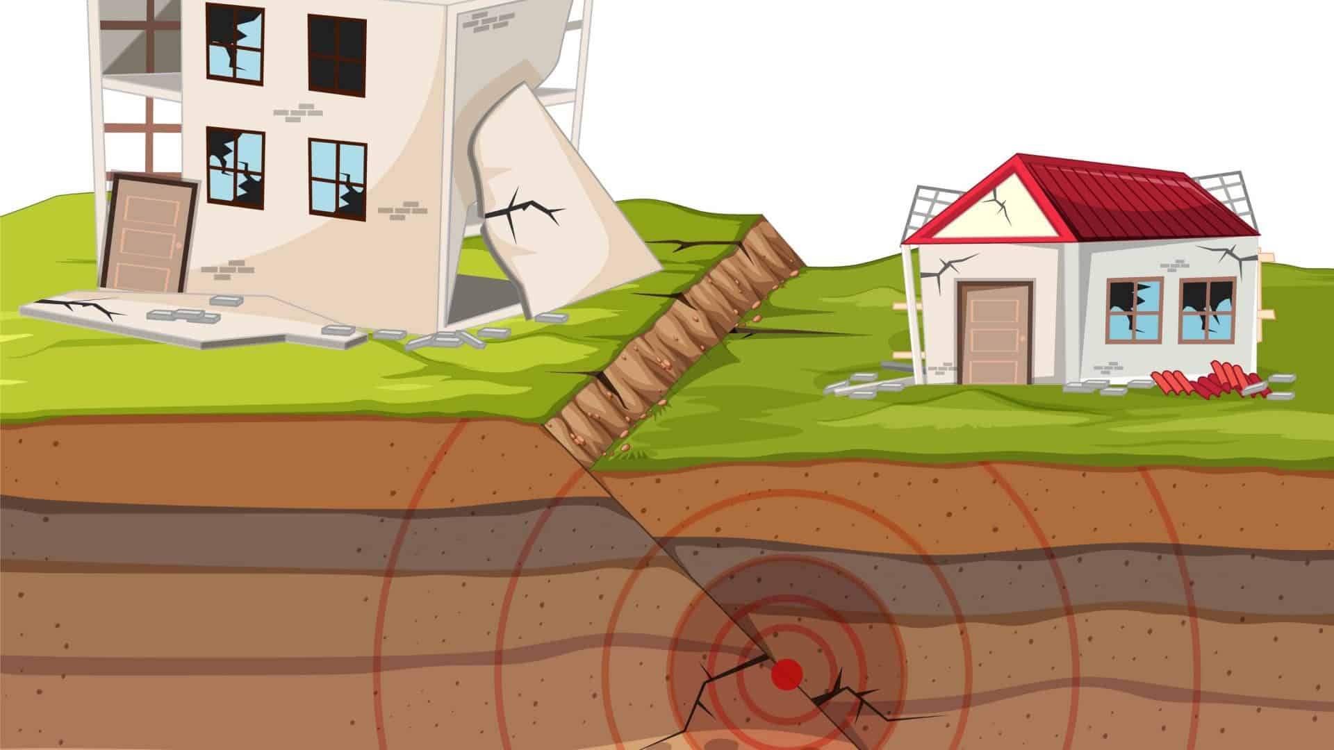 ilustração mostrando casas sendo afetadas por um terremoto