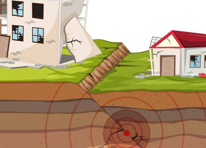 ilustração mostrando casas sendo afetadas por um terremoto