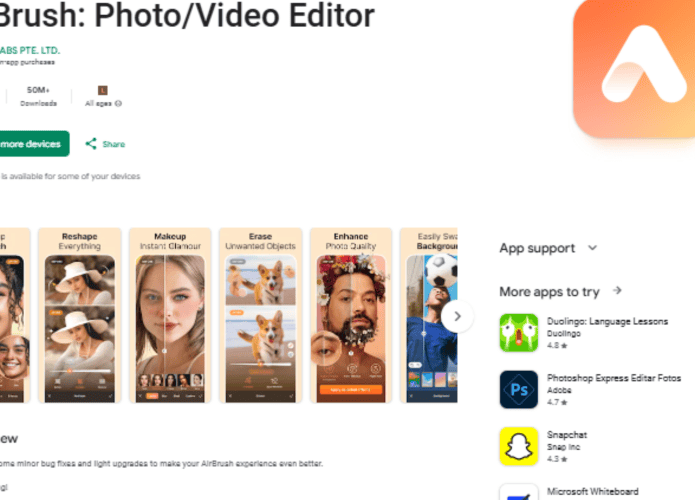 Aplicativo AirBrush na Play Store