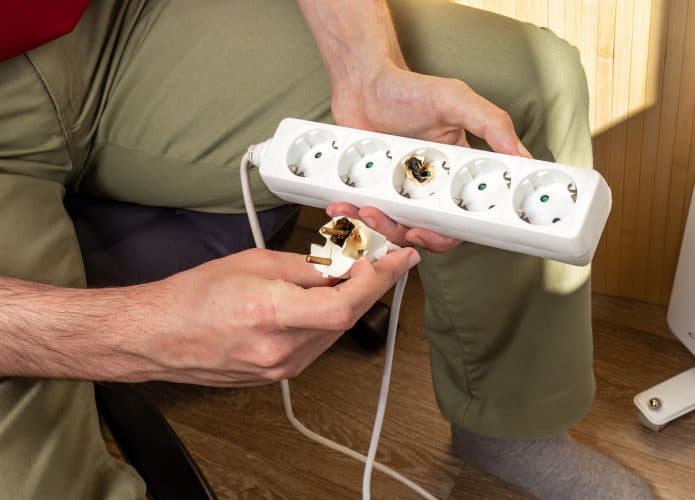 Homem segura uma extensão elétrica, uma tomada da qual derreteu e queimou devido a mau contato. Extensão elétrica queimada.