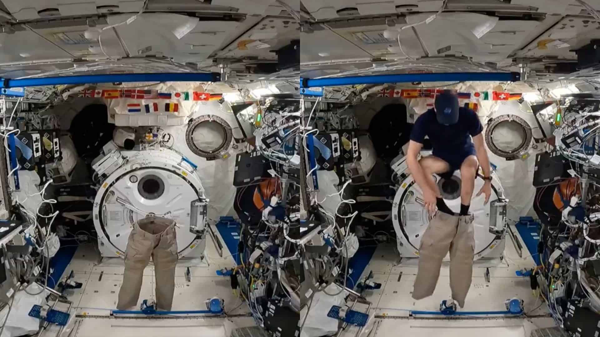 Montagem com capturas de tela de vídeo de astronauta Don Pettit vestindo calças na Estação Espacial Internacional, no espaço