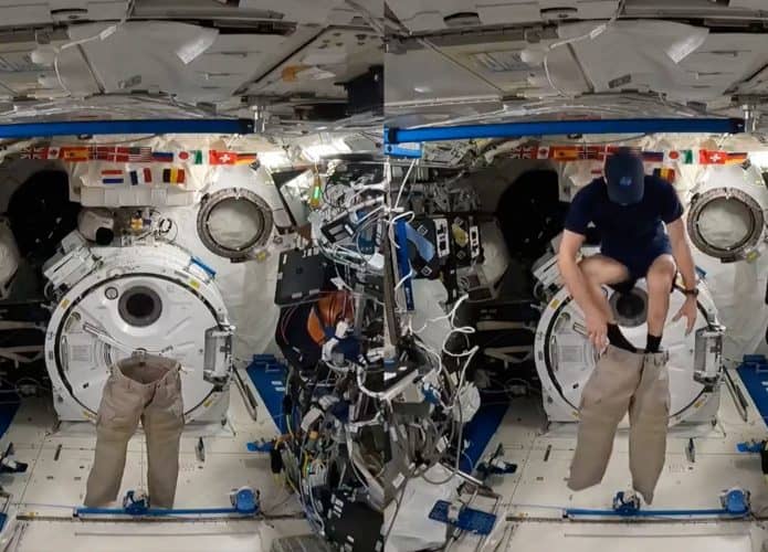 Montagem com capturas de tela de vídeo de astronauta Don Pettit vestindo calças na Estação Espacial Internacional, no espaço