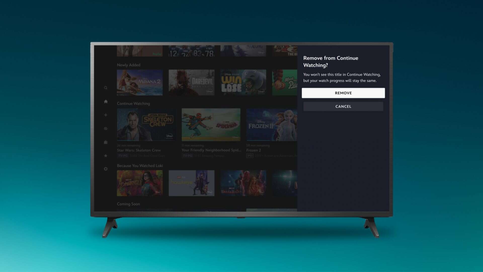 Montagem mostrando tela para remover título de Continue Assistindo do Disney+ em smart TV