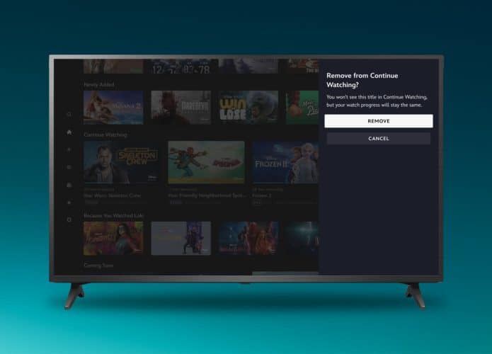 Montagem mostrando tela para remover título de Continue Assistindo do Disney+ em smart TV