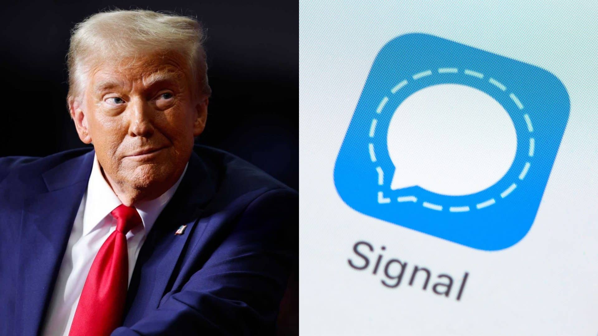 Montagem com fotos de Donald Trump sorrindo e olhando para o lado e do ícone do aplicativo Signal na tela inicial de um iPhone