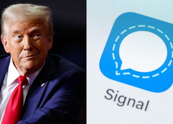 Montagem com fotos de Donald Trump sorrindo e olhando para o lado e do ícone do aplicativo Signal na tela inicial de um iPhone