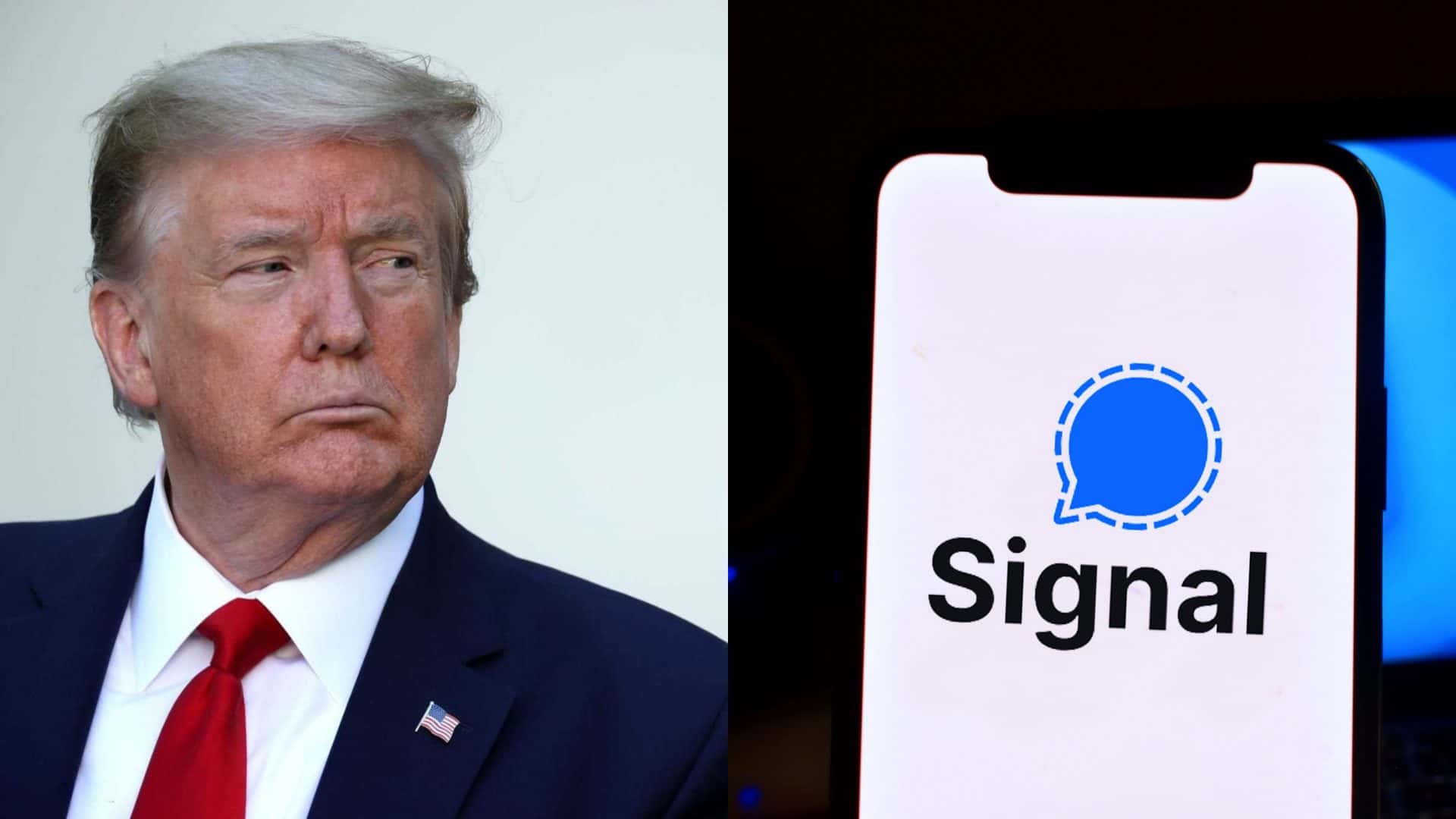 Montagem com fotos de Donald Trump e de celular mostrando ícone do aplicativo Signal