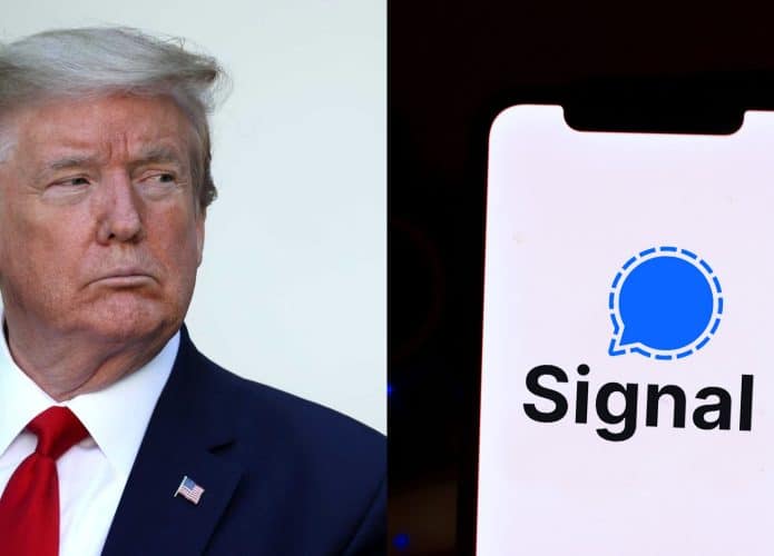 Montagem com fotos de Donald Trump e de celular mostrando ícone do aplicativo Signal