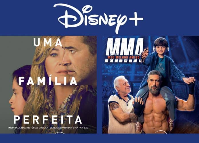Montagem com pôsteres da série Uma Família Perfeita e do filme MMA Meu Melhor Amigo, dois entre os lançamentos da semana entre 17 e 13 de março no Disney+