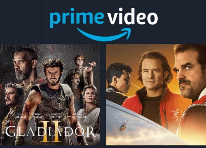 Montagem com pôsteres dos filmes Gladiador 2 e Gran Turismo, dois entre os lançamentos da semana entre 24 e 30 de março no Amazon Prime Video