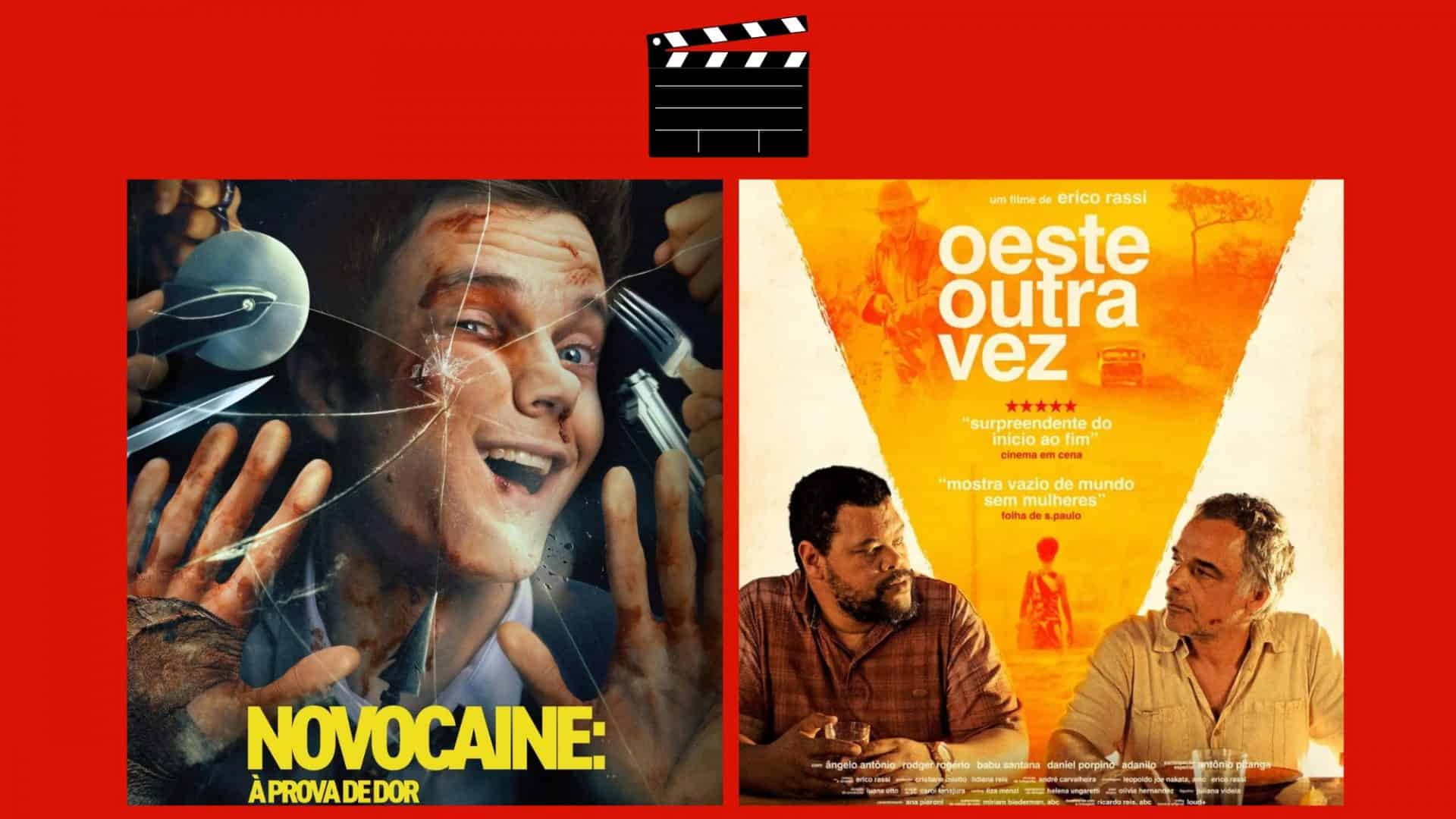 Montagem com pôsteres de Novocaine e Oeste Outra Vez, dois entre os lançamentos de filmes da semana de 27 de março