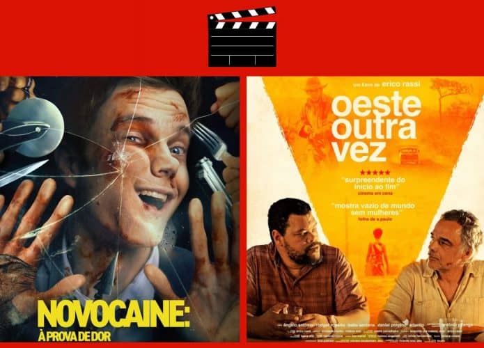 Montagem com pôsteres de Novocaine e Oeste Outra Vez, dois entre os lançamentos de filmes da semana de 27 de março