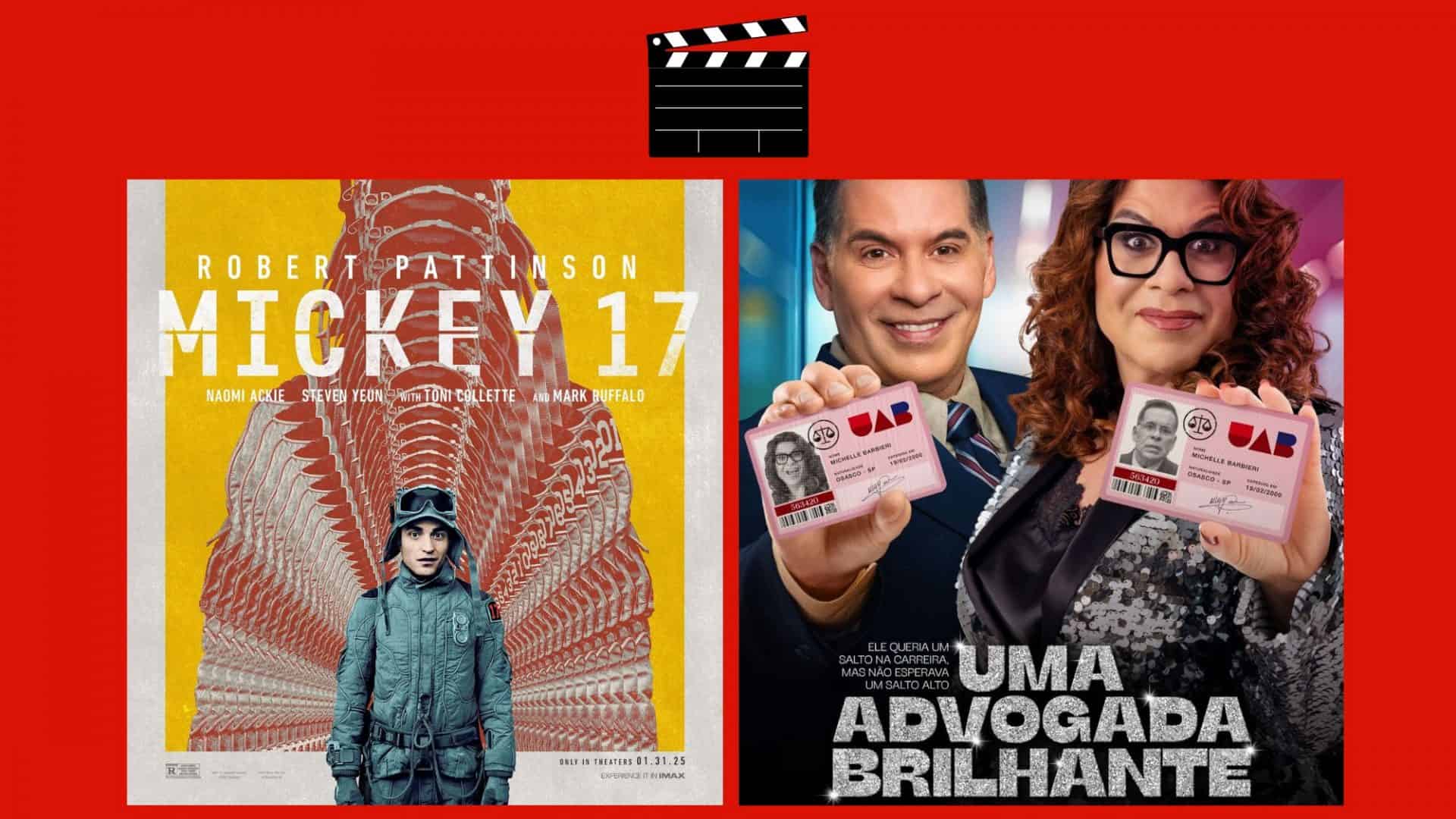 Montagem com pôsteres de Mickey 17 e Uma Advogada Brilhante, dois entre os lançamentos de filmes da semana no cinema