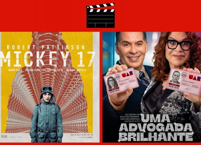 Montagem com pôsteres de Mickey 17 e Uma Advogada Brilhante, dois entre os lançamentos de filmes da semana no cinema