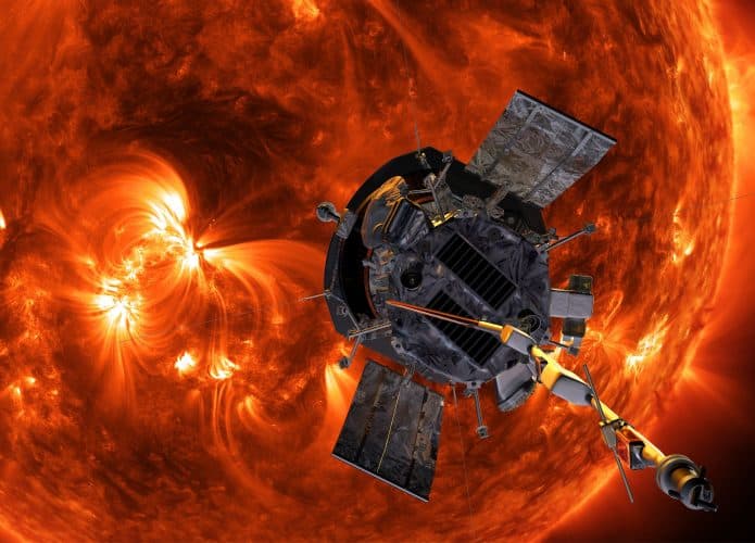 Ilustração da sonda Parker Solar, da NASA, sobrevoando pertinho do Sol