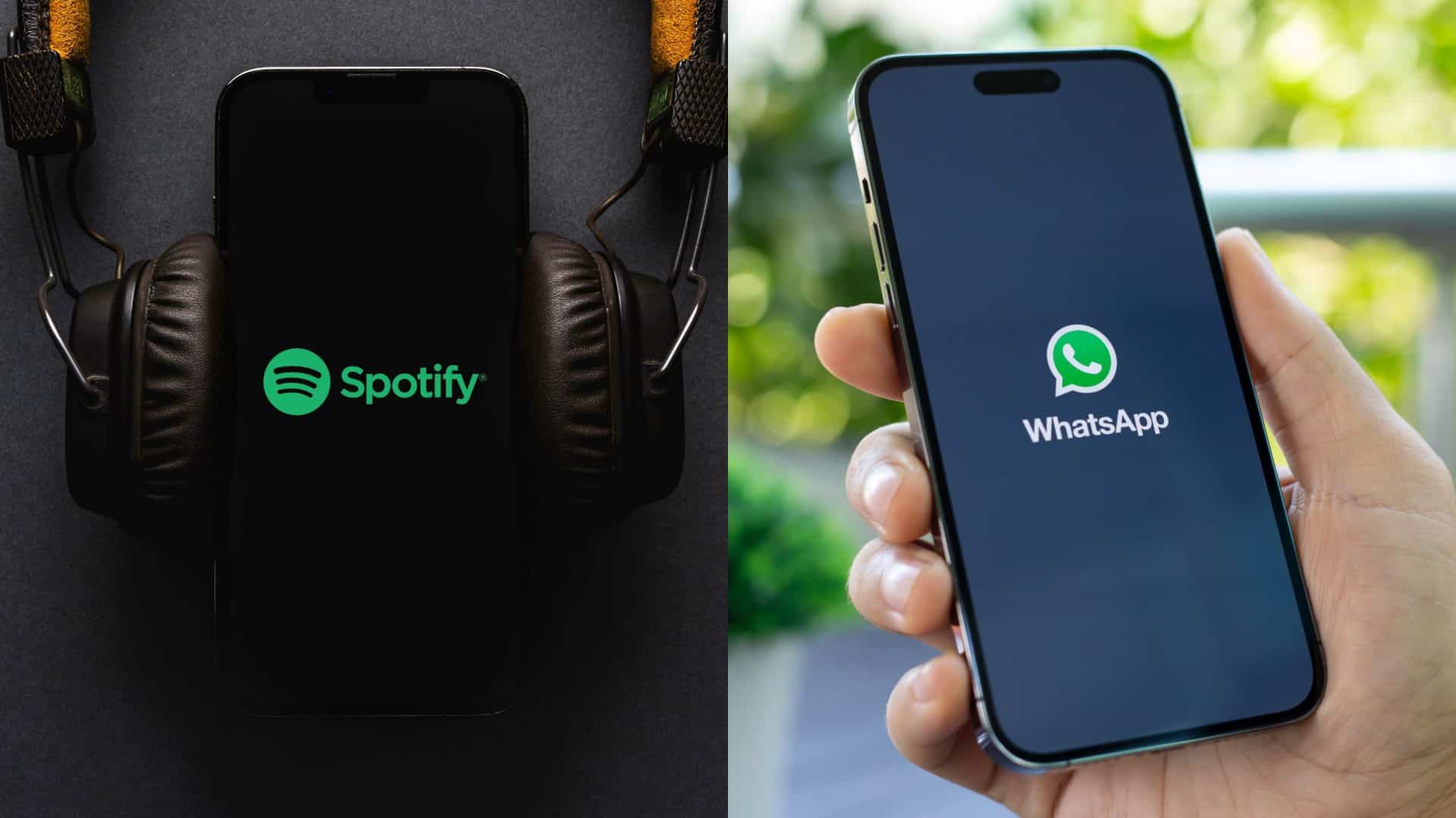 Montagem com fotos de celulares mostrando logotipos do Spotify e do WhatsApp