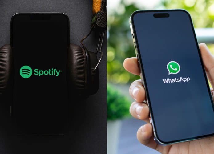 Montagem com fotos de celulares mostrando logotipos do Spotify e do WhatsApp