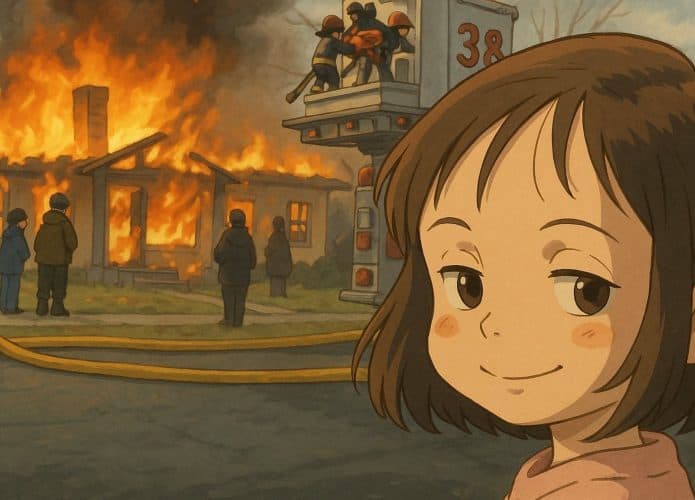 Imagem gerada pelo ChatGPT no estilo Studio Ghibli de foto de menina olhando para a câmera enquanto uma casa pega fogo ao fundo