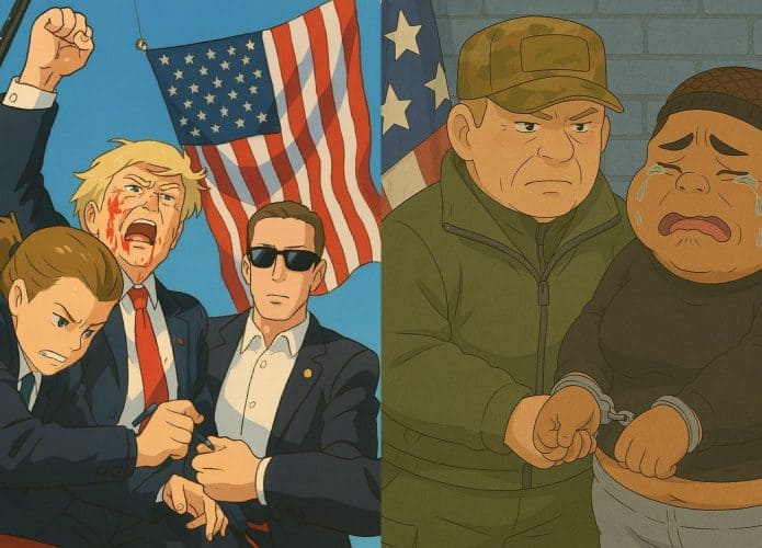 Montagem com ilustrações no estilo Studio Ghibli geradas pelo ChatGPT envolvendo Donald Trump e seu governo