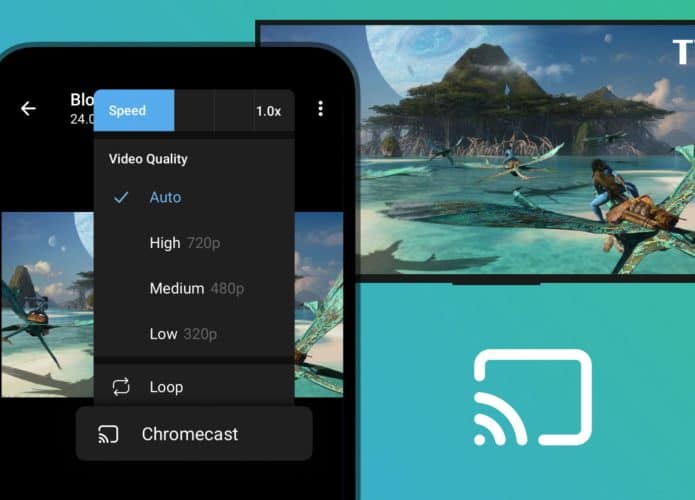 Montagem com celular Android com vídeo sendo no Telegram, TV ao fundo e símbolo do Chromecast entre um e outro