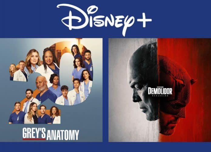Montagem com pôsteres de Grey's Anatomy e Demolidor Renascido, dois entre os lançamentos da semana de 10 a 16 de março no Disney+