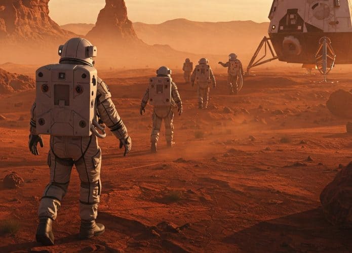Imagem criada por inteligência artificial representando astronautas em Marte.