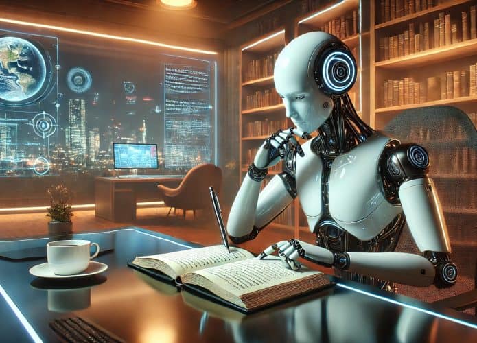 Imagem gerada por inteligência artificial mostra um robô humanoide escrevendo algo em um livro, associando o uso da IA na escrita criativa.