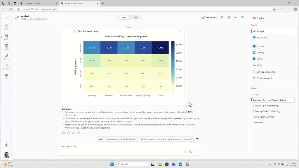 Captura de tela de resposta de comando feita pelo agente de IA Analyst do Microsoft 365 Copilot