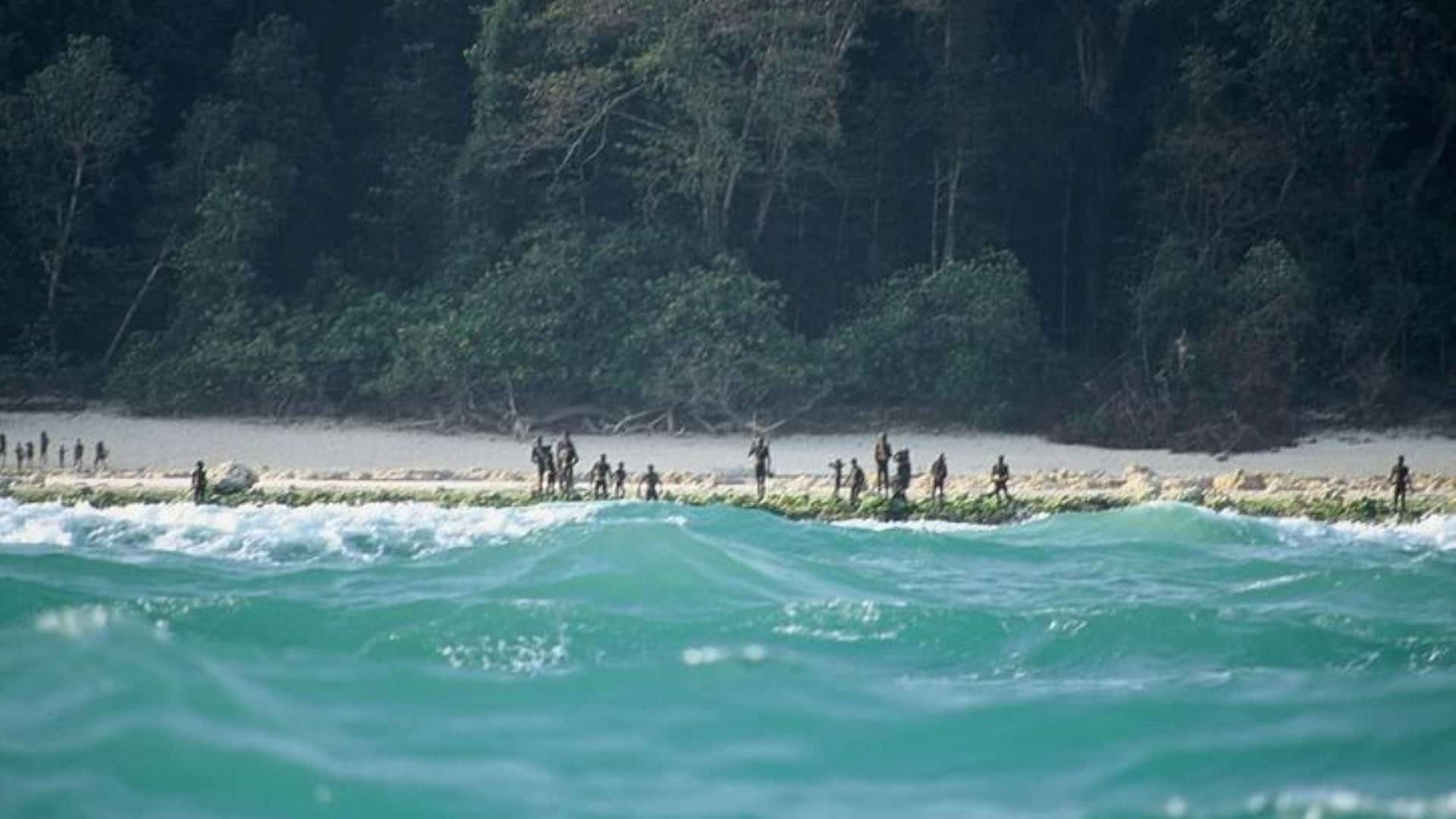 Os sentinelenses na praia de sua ilha
