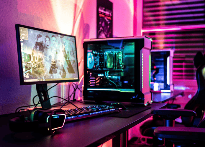 imagem mostra uma mesa que resguarda um pc gamer