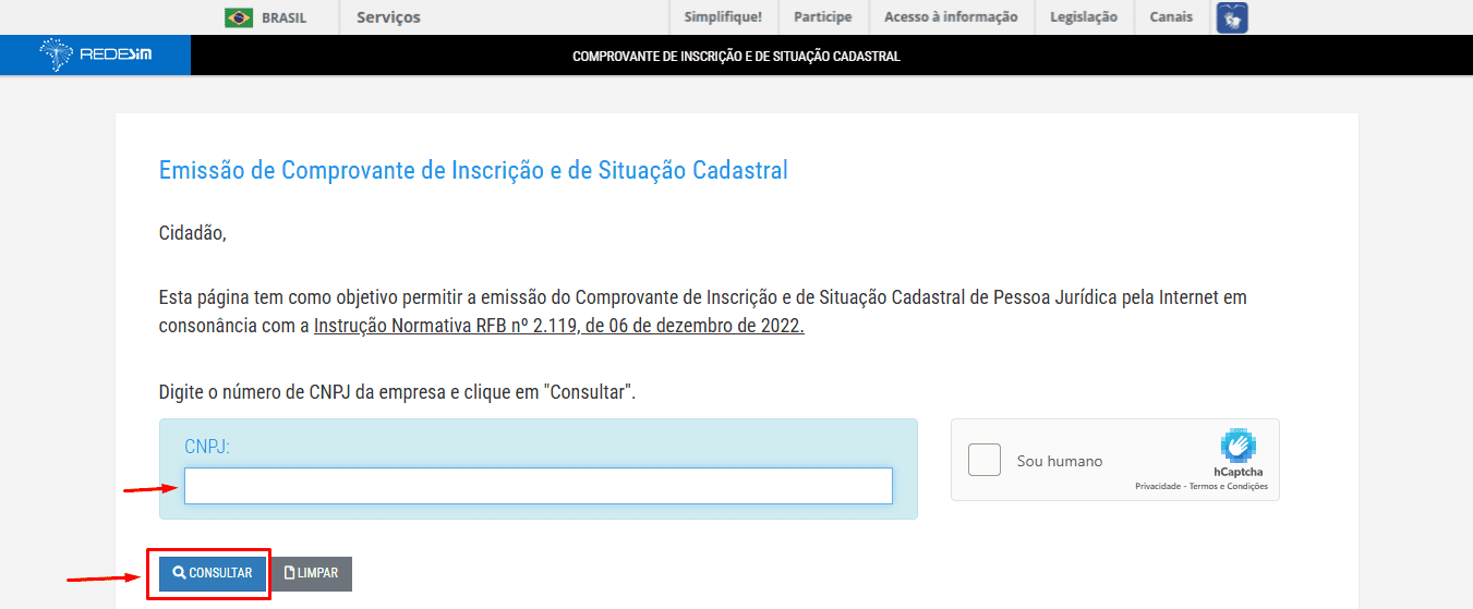Confira o comprovante de situação cadastral do CNPJ