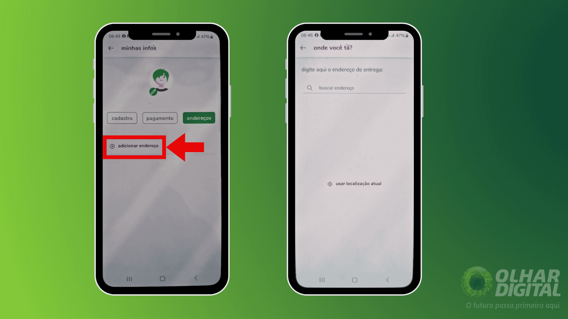 Passo 2 para adicionar endereço no aiqfome 