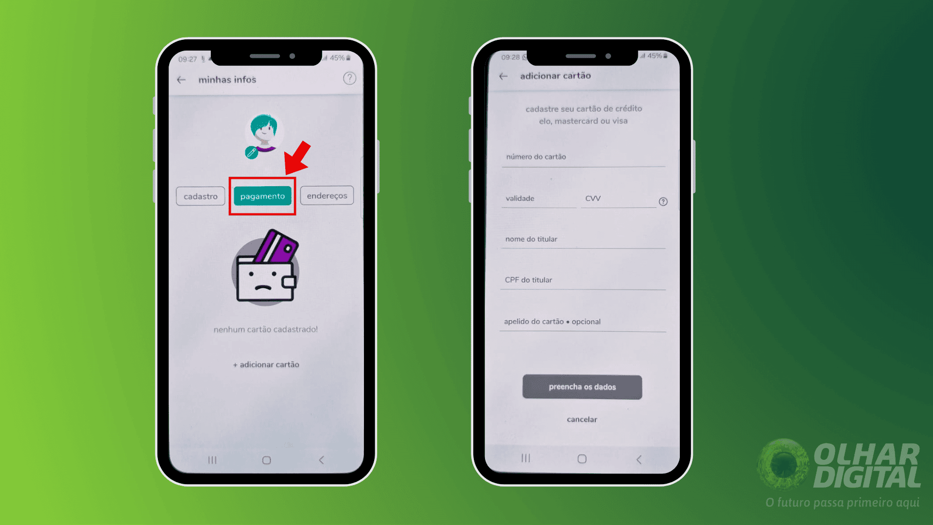 Passo 2 para adiconar cartão de crédito no aiqfome