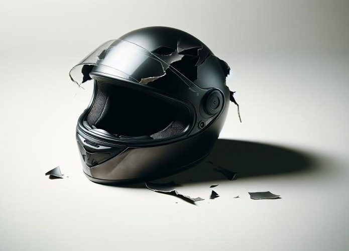 Imagem de capacete de motocicleta quebrado, fora da validade de conservação