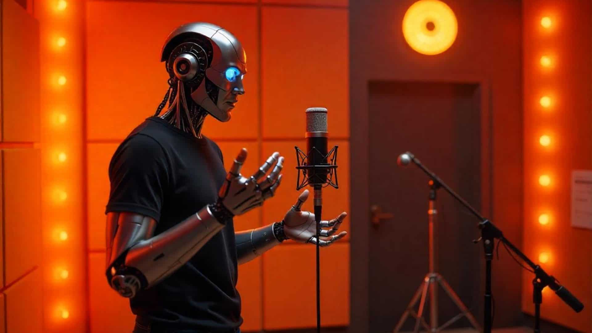 Imagem ilustra um robô com IA fazendo uma dublagem para um filme em frente a um microfone