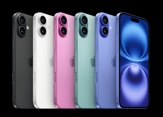 Cores disponíveis do iPhone 16 (preto, branco, rosa, verde-acinzentado, e ultramarino)