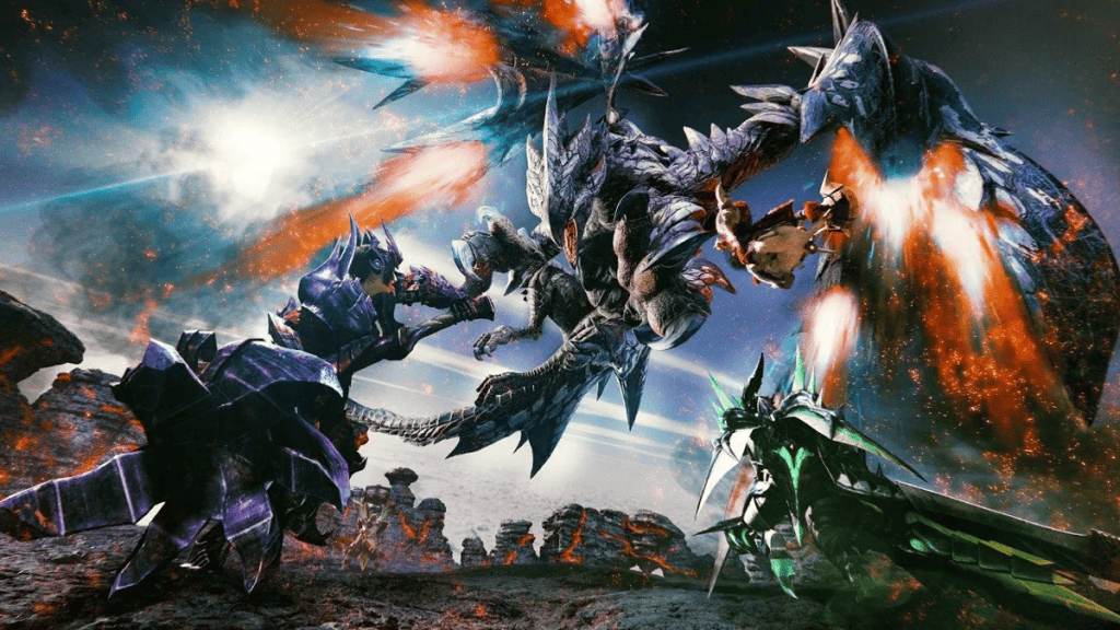 Cena do jogo "Monster Hunter Generations" mostra várias criaturas com armadura lutando entre si