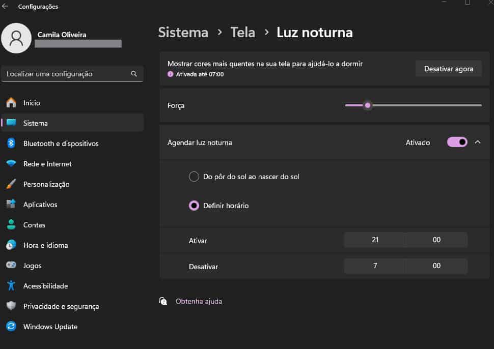imagem mostra Setor de configuração para ativar a luz noturna no pc Windows 