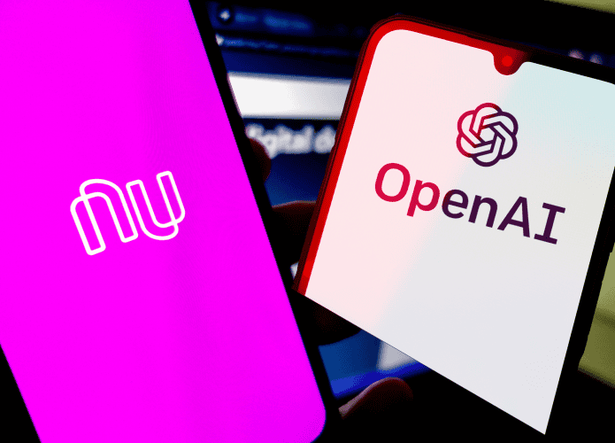 Logos de Nubank e OpenAI em dois smartphones distintos