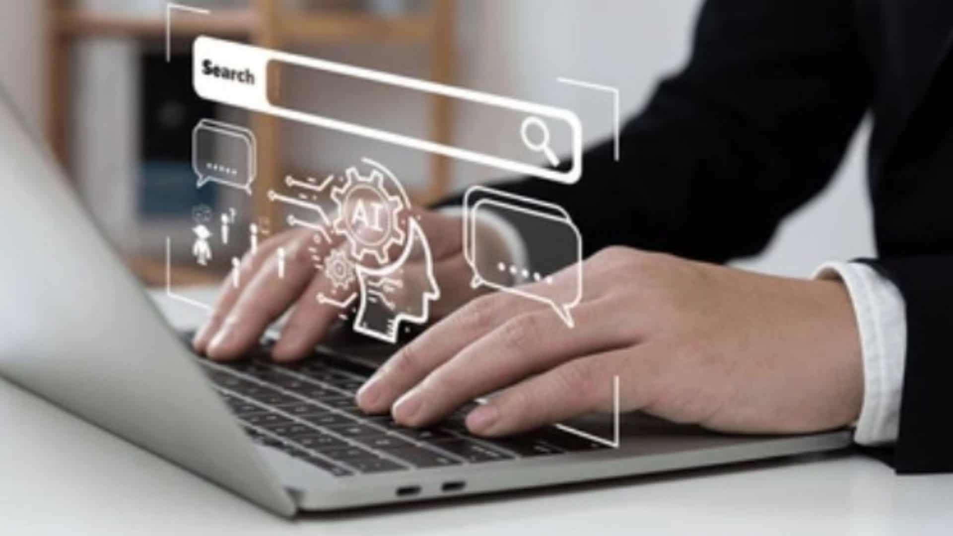 homem digitando no computador com imagens que representam a inteligência artificial