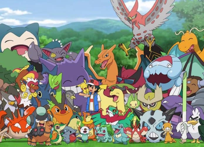 Ash rodeado por diferentes tipos de Pokémon