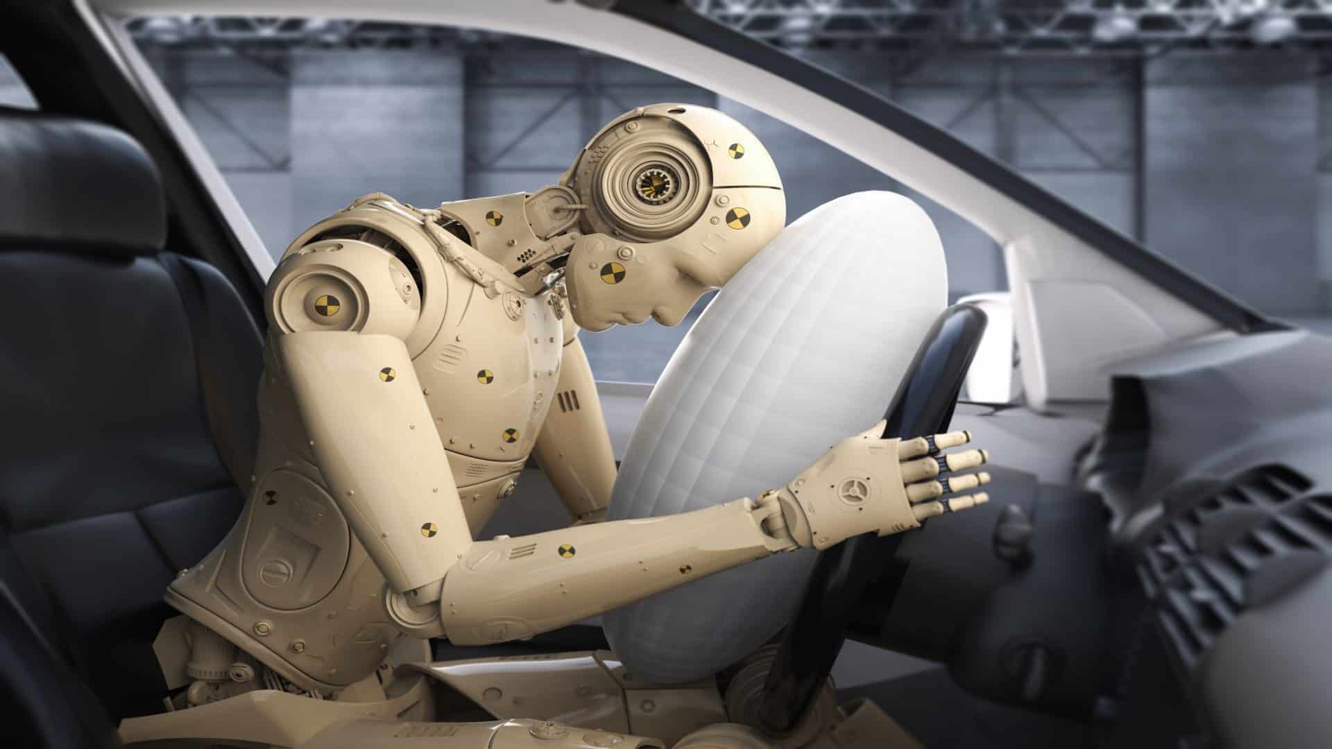 Teste de colisão com Imagem mostra boneco de renderização 3D atingido com air bag