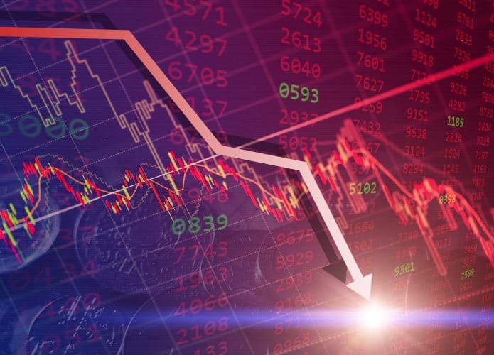 Imagem mostra um painel de bolsa de valores, com ações em queda.