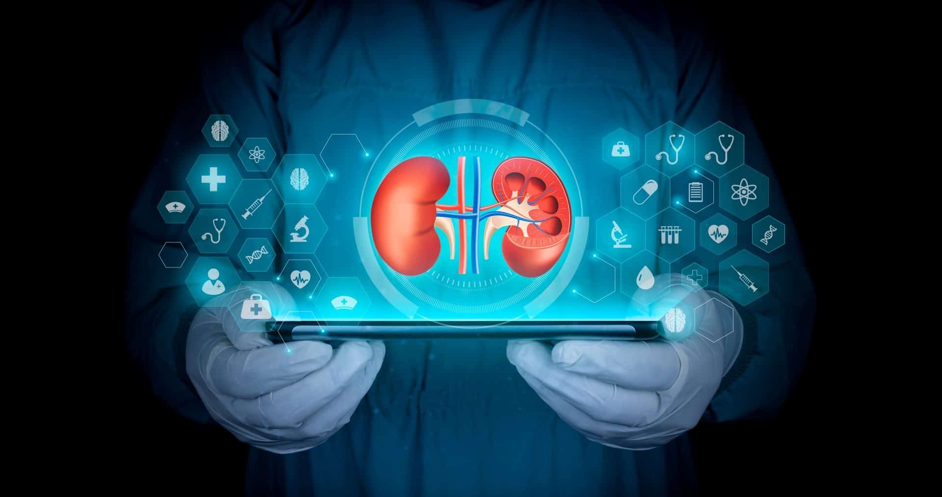 O médico analisa os rins através de um holograma.