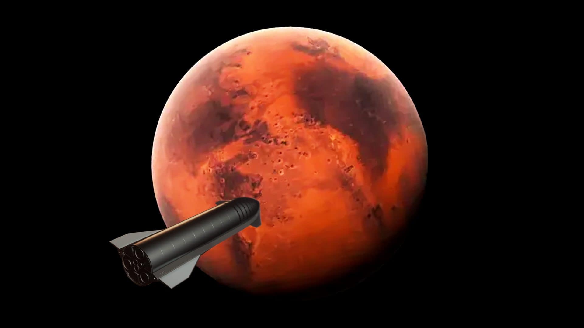 Ilustração de foguete Starship, da SpaceX, chegando a Marte
