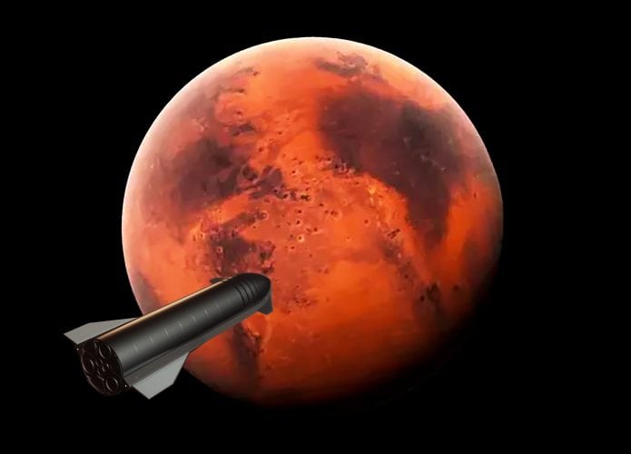 Ilustração de foguete Starship, da SpaceX, chegando a Marte