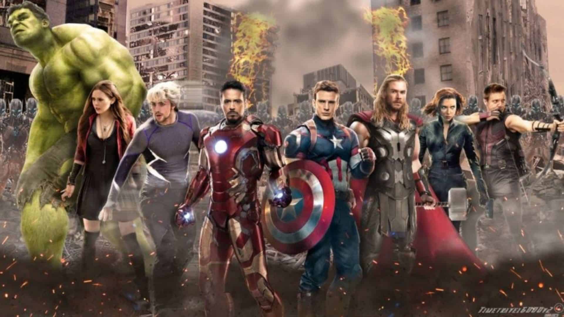 divulgação do filme vingadores a era de ultron, com personagens como homem de ferro, capitão américa, thor, hulk e viúva negra