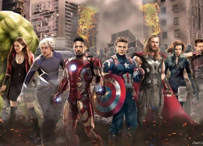 divulgação do filme vingadores a era de ultron, com personagens como homem de ferro, capitão américa, thor, hulk e viúva negra