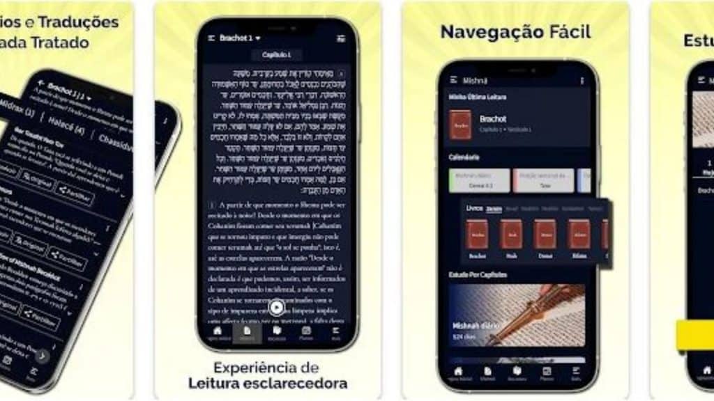 Prints de telas de Smartphones em tela preta com textos em fonte branca.