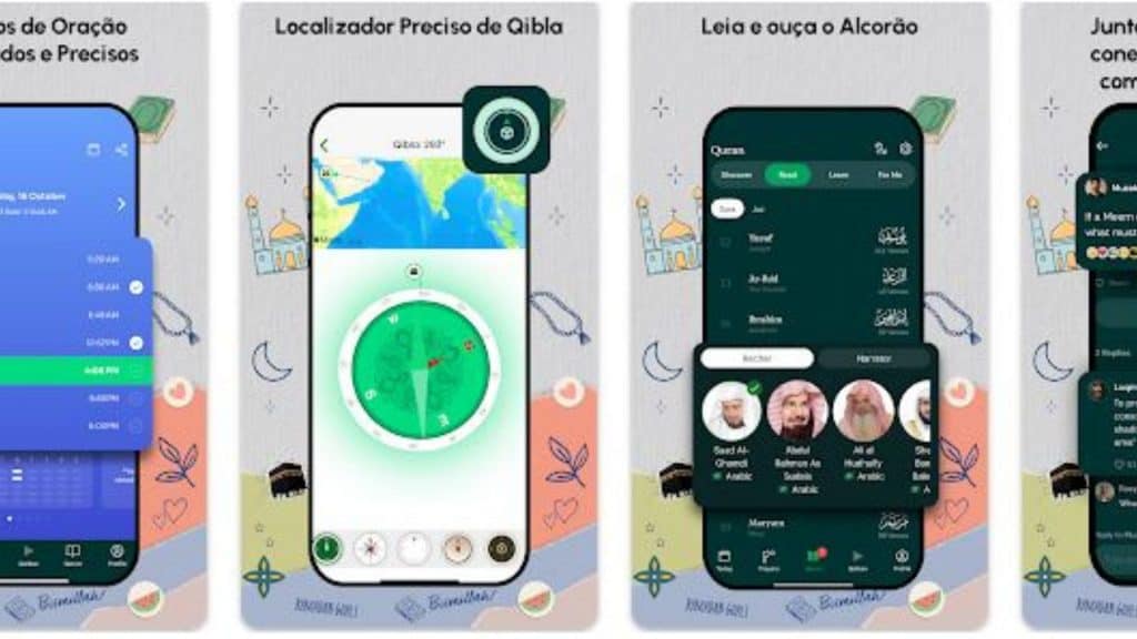 Tela de smartphones com apresentação de app para mulçumanos no Google Play.